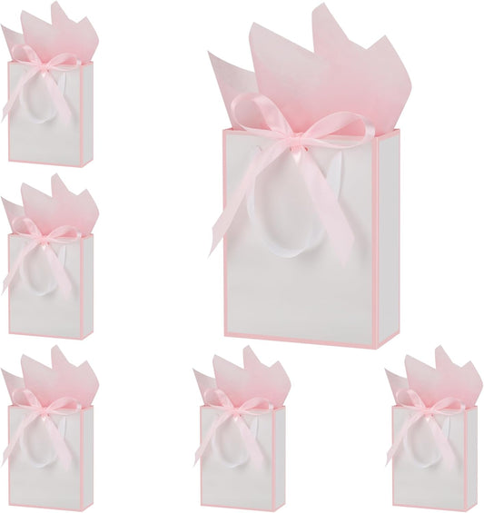 6 Pcs Thank You Gift Bags with Handles and Tissue Paper 9 x 7 x 3. 15'' Elegant Welcome Gift Bags with Bow Ribbon for Wedding Bridesmaid Baby Shower Housewarming Birthday Party(White, Pink)