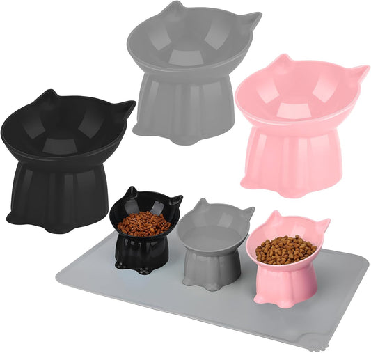 3 Pcs Elevated Cat Bowls 15°Raised Cat Food Bowl with Silicone Mat Grey