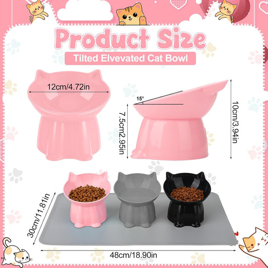 3 Pcs Elevated Cat Bowls 15°Raised Cat Food Bowl with Silicone Mat Grey