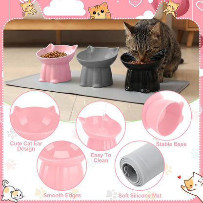 3 Pcs Elevated Cat Bowls 15°Raised Cat Food Bowl with Silicone Mat Grey