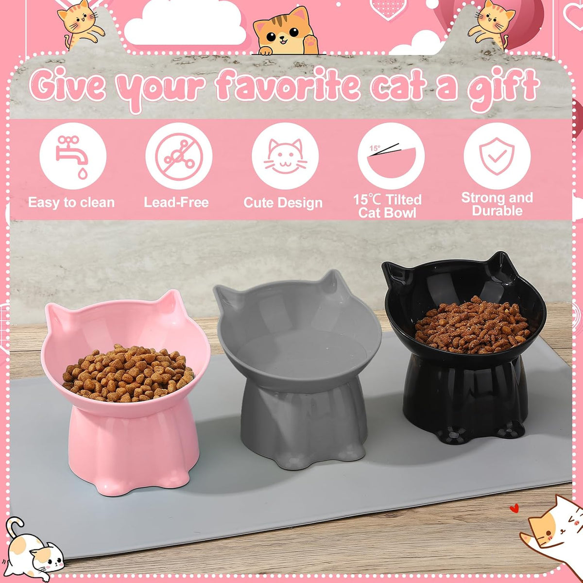 3 Pcs Elevated Cat Bowls 15°Raised Cat Food Bowl with Silicone Mat Grey