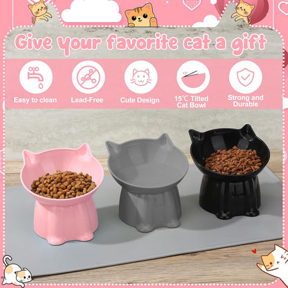 3 Pcs Elevated Cat Bowls 15°Raised Cat Food Bowl with Silicone Mat Grey