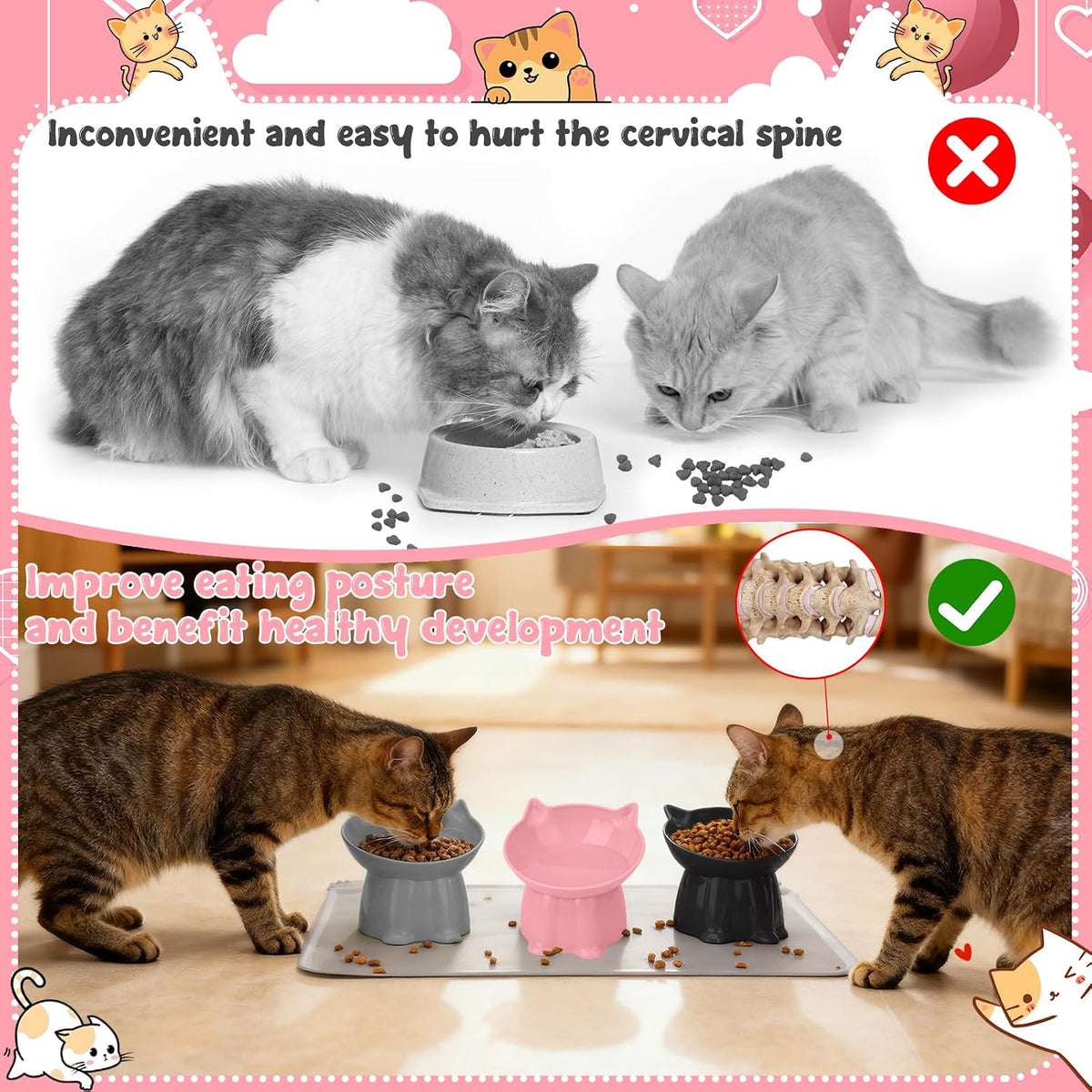 3 Pcs Elevated Cat Bowls 15°Raised Cat Food Bowl with Silicone Mat Grey