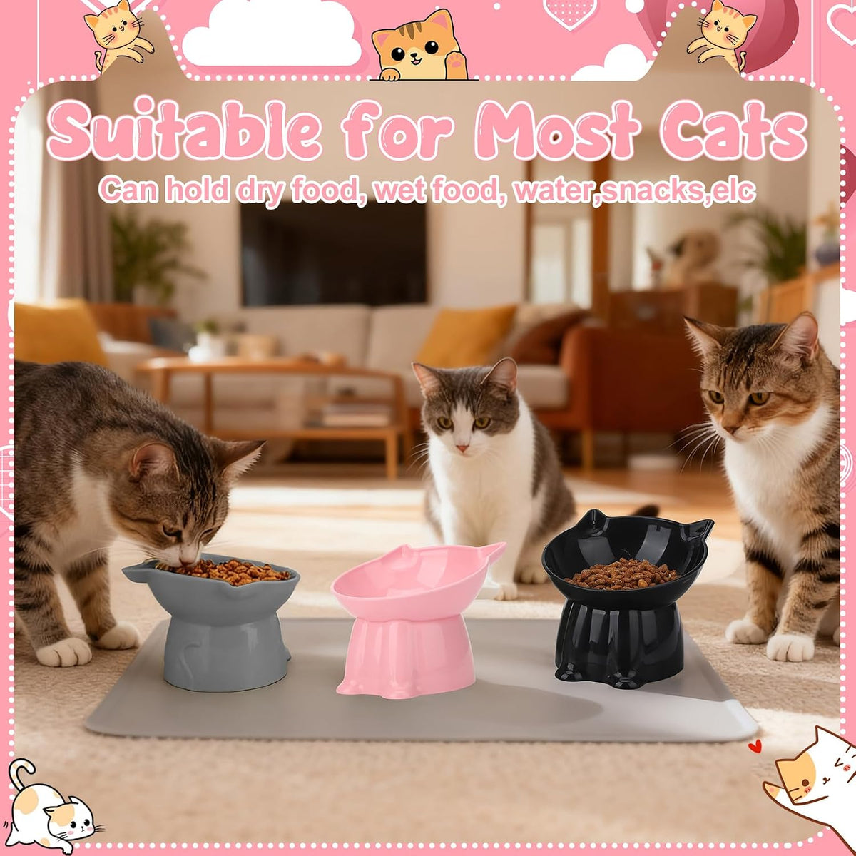 3 Pcs Elevated Cat Bowls 15°Raised Cat Food Bowl with Silicone Mat Grey