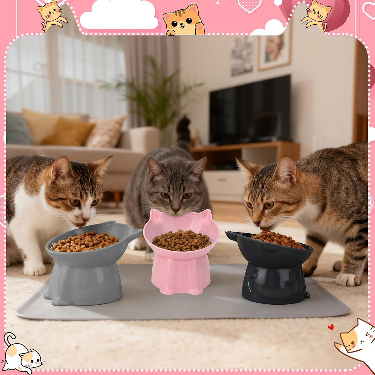 3 Pcs Elevated Cat Bowls 15°Raised Cat Food Bowl with Silicone Mat Grey