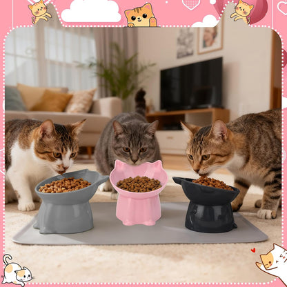 3 Pcs Elevated Cat Bowls 15°Raised Cat Food Bowl with Silicone Mat Grey