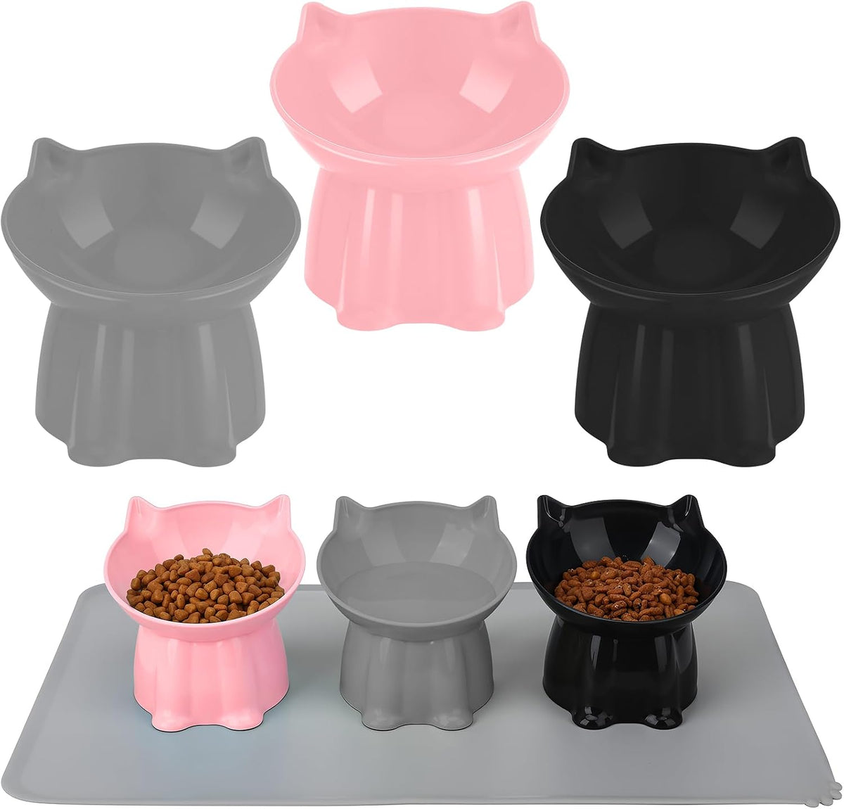 3 Pcs Elevated Cat Bowls 15°Raised Cat Food Bowl with Silicone Mat Grey