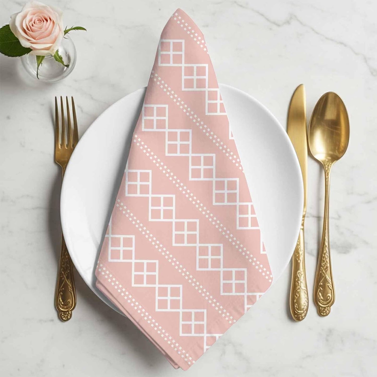 Cloth Napkins Set of 4, Geometric White Dot Square on Pink Dinner Napkins Soft Absorbent Table Napkin for Home Cocktail Party Wedding, Abstract Modern Checkered