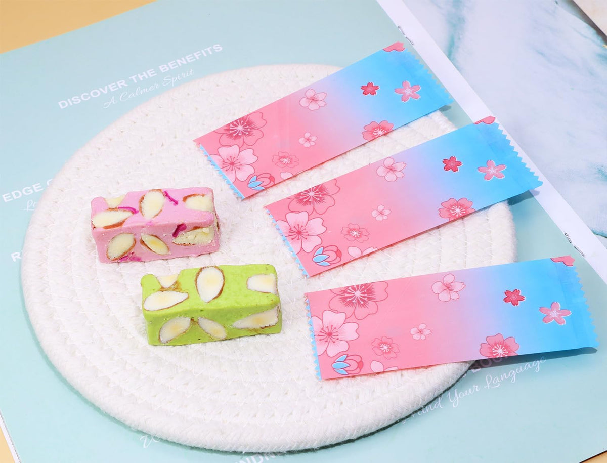Nougats Candy Bags 400Pcs Clear Plastic Caramels Gift Candy Wrappers Packing Bags Pouch for Christmas Theme Party Candies Making (Pink & Blue Cherry Blossom)