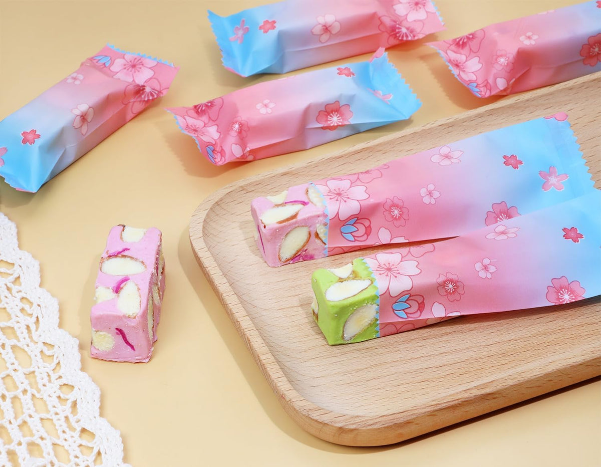 Nougats Candy Bags 400Pcs Clear Plastic Caramels Gift Candy Wrappers Packing Bags Pouch for Christmas Theme Party Candies Making (Pink & Blue Cherry Blossom)