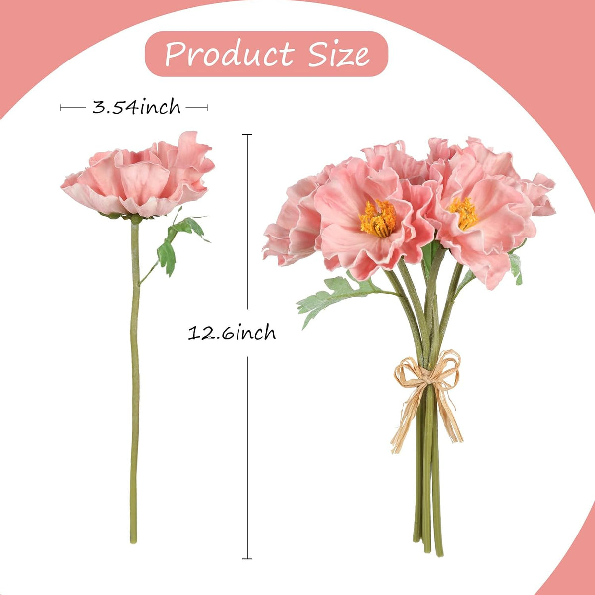 2 Bouquets Artificial Poppy Flowers 10PCS Faux Pink Flowers Real Touch Fake Poppies for Wedding Party Office Home Decor(Pink)