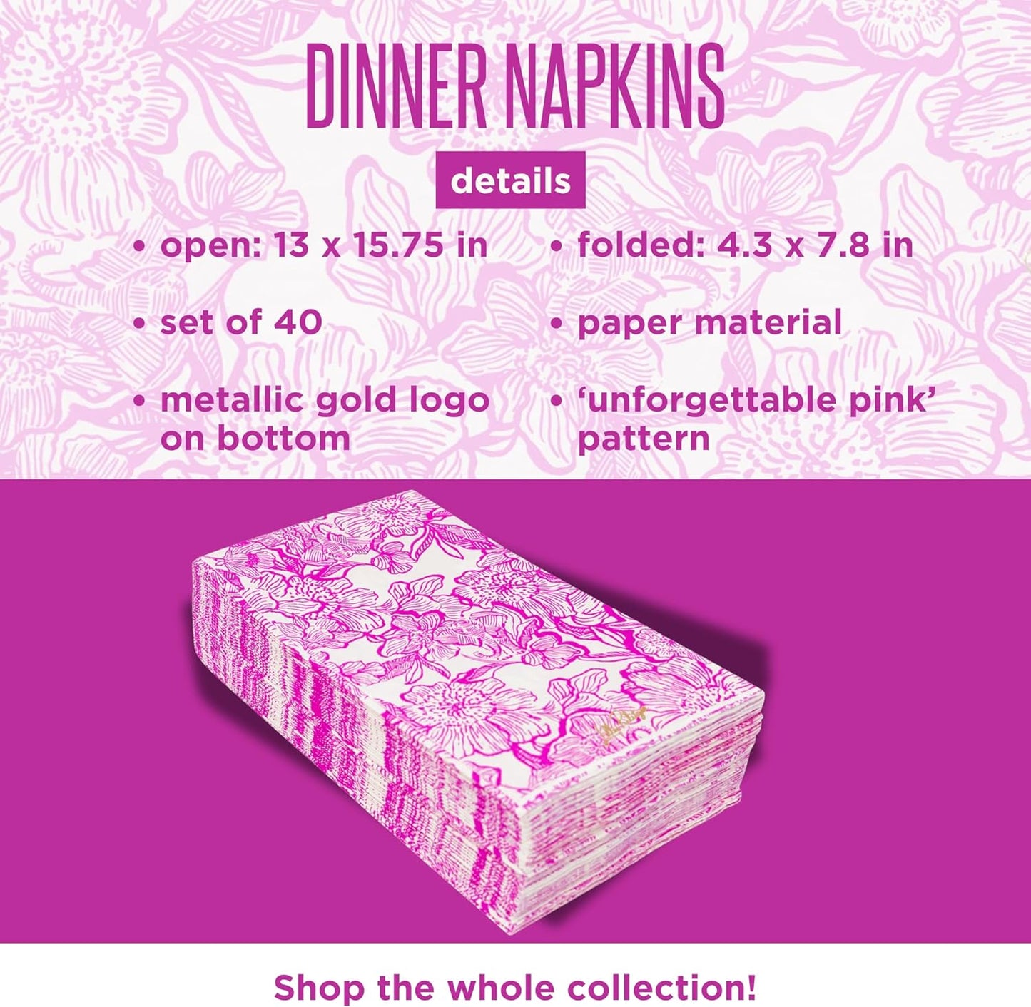 Lilly Pulitzer Disposable Decorative Paper Dinner Napkins, Napkin Holder Refill with 40 Napkins for Party (Unforgettable Pink)