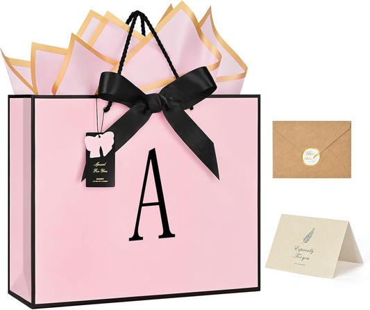 Birthday Gift Bag, Personalized Initial Pink Gift Bags for Women & Girls, Medium Valentines Gift Paper Bags with Card and Tissue Paper, Stands up perfectly for Weddings, Party & All Holidays (Pink, A-Medium)