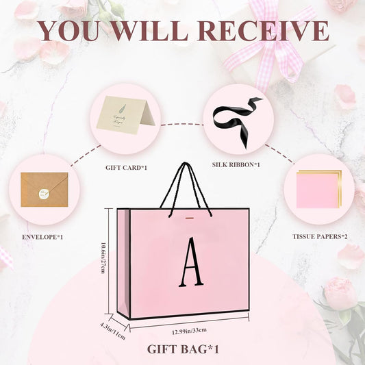 Birthday Gift Bag, Personalized Initial Pink Gift Bags for Women & Girls, Medium Valentines Gift Paper Bags with Card and Tissue Paper, Stands up perfectly for Weddings, Party & All Holidays (Pink, A-Medium)