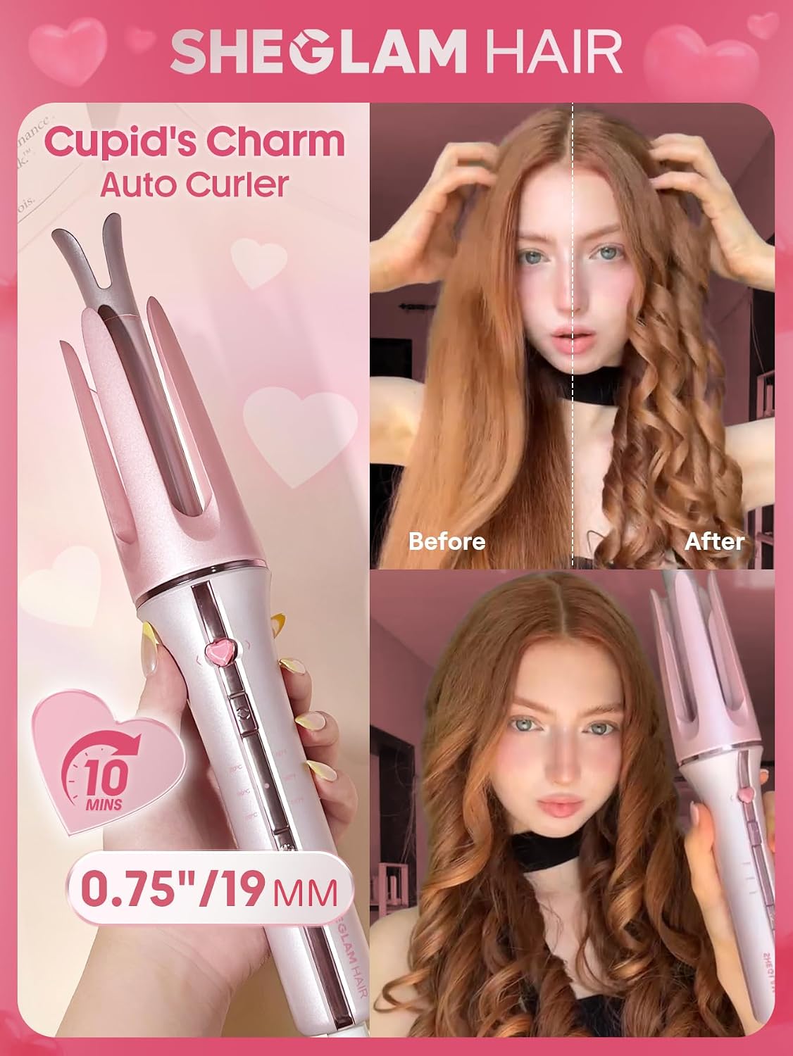 Pink Curling Iron Automatic Gift for Woman (Pink, 0.75 inch) Cupid's Charm One-Touch Instant Curler
