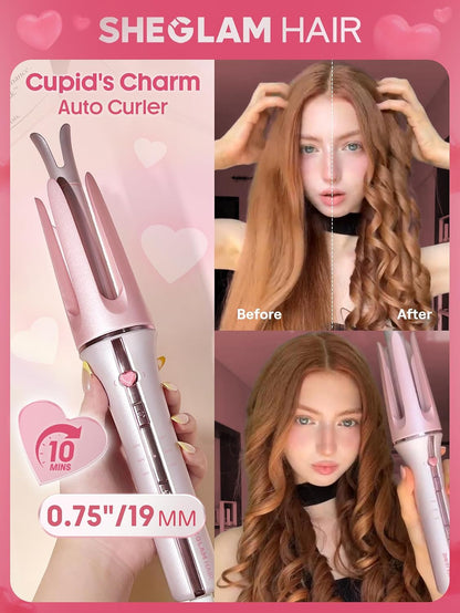 Pink Curling Iron Automatic Gift for Woman (Pink, 0.75 inch) Cupid's Charm One-Touch Instant Curler