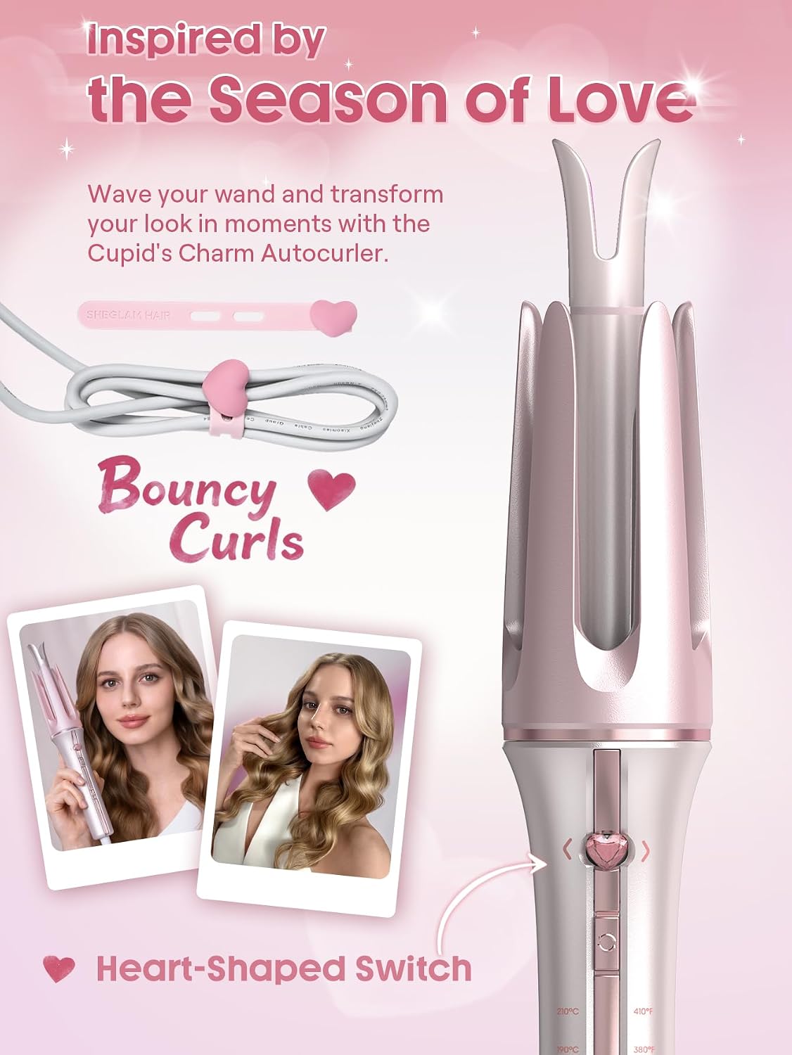 Pink Curling Iron Automatic Gift for Woman (Pink, 0.75 inch) Cupid's Charm One-Touch Instant Curler