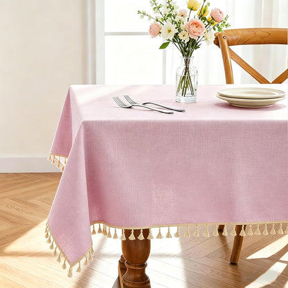 Table Cloth Rectangle Table Heavy Duty Cotton Linen Tablecloth Farmhouse Boho Waterproof Wrinkle Free Tables Cover with Tassel for Kitchen Dining Holiday Party, Pink, 55" x 75"
