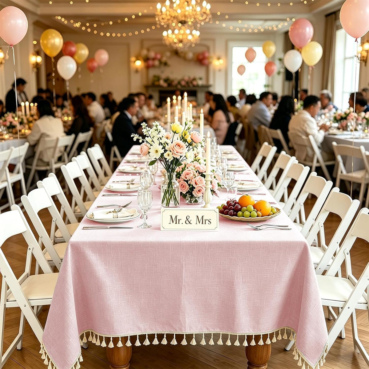 Table Cloth Rectangle Table Heavy Duty Cotton Linen Tablecloth Farmhouse Boho Waterproof Wrinkle Free Tables Cover with Tassel for Kitchen Dining Holiday Party, Pink, 55" x 75"