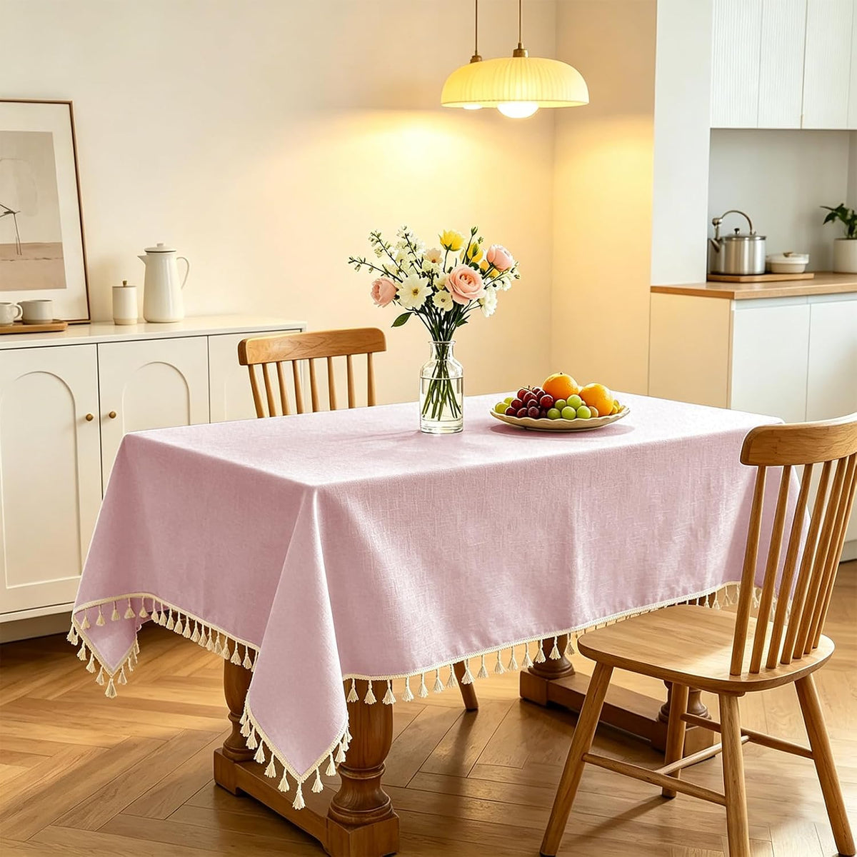 Table Cloth Rectangle Table Heavy Duty Cotton Linen Tablecloth Farmhouse Boho Waterproof Wrinkle Free Tables Cover with Tassel for Kitchen Dining Holiday Party, Pink, 55" x 75"