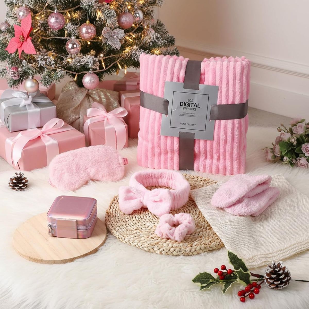 5 Pcs Birthday Gifts for Women, Blanket and Socks Set, Pink