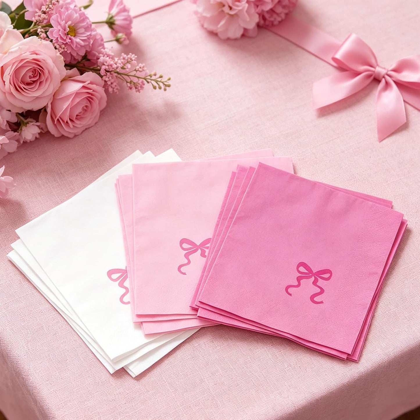 JarThenaAMCS 150 Pcs Pink Bow Paper Napkins Cute Bowknot Disposable Luncheon Napkins White Pink Dinner Hand Napkin for Wedding Birthday Party Table Supplies