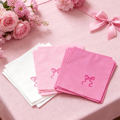 JarThenaAMCS 150 Pcs Pink Bow Paper Napkins Cute Bowknot Disposable Luncheon Napkins White Pink Dinner Hand Napkin for Wedding Birthday Party Table Supplies