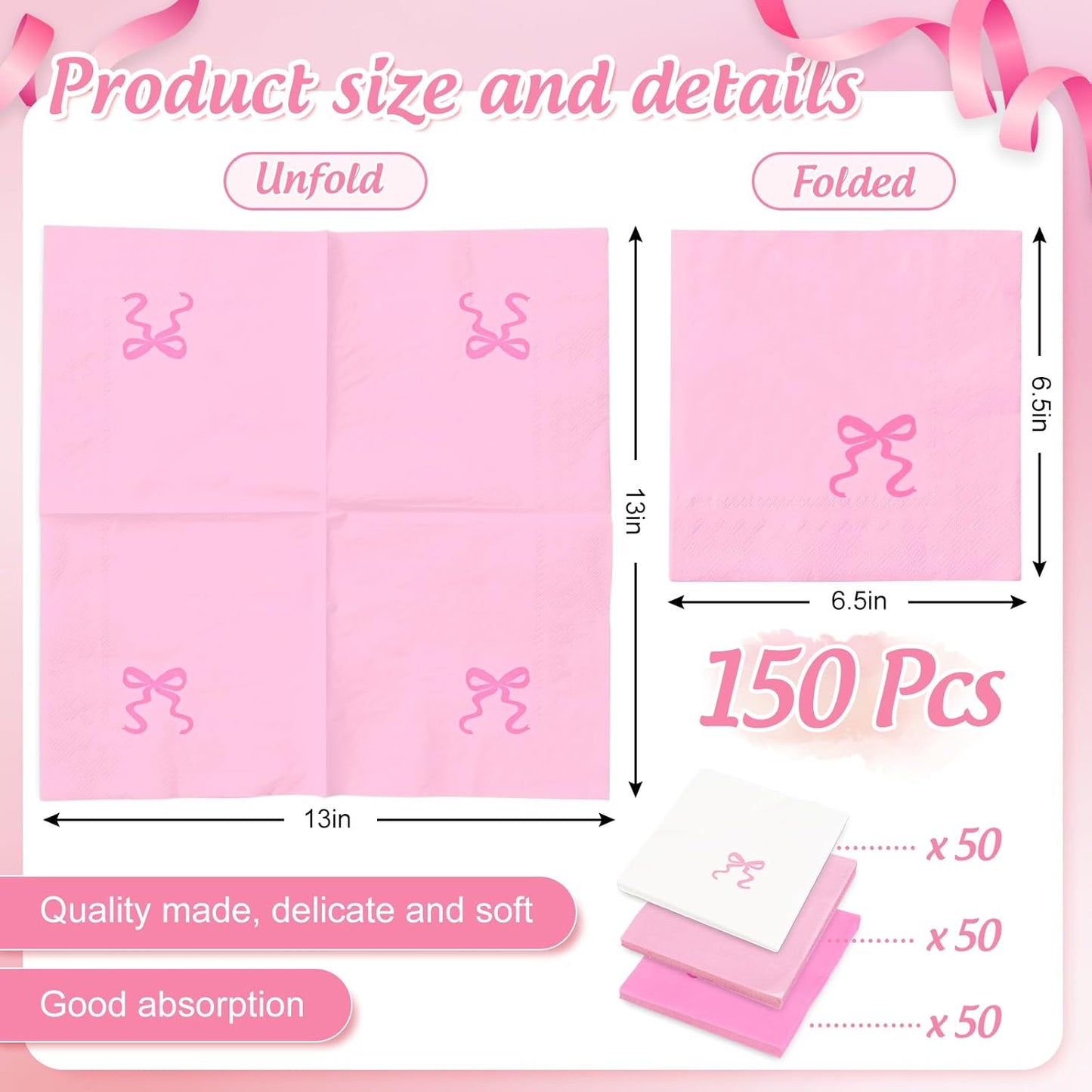 JarThenaAMCS 150 Pcs Pink Bow Paper Napkins Cute Bowknot Disposable Luncheon Napkins White Pink Dinner Hand Napkin for Wedding Birthday Party Table Supplies