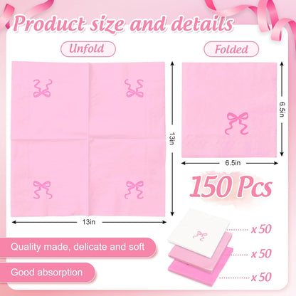 JarThenaAMCS 150 Pcs Pink Bow Paper Napkins Cute Bowknot Disposable Luncheon Napkins White Pink Dinner Hand Napkin for Wedding Birthday Party Table Supplies