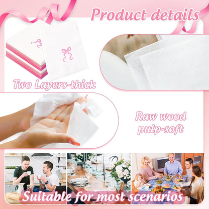 JarThenaAMCS 150 Pcs Pink Bow Paper Napkins Cute Bowknot Disposable Luncheon Napkins White Pink Dinner Hand Napkin for Wedding Birthday Party Table Supplies