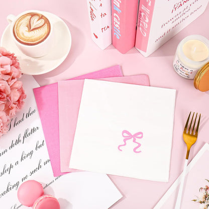 JarThenaAMCS 150 Pcs Pink Bow Paper Napkins Cute Bowknot Disposable Luncheon Napkins White Pink Dinner Hand Napkin for Wedding Birthday Party Table Supplies