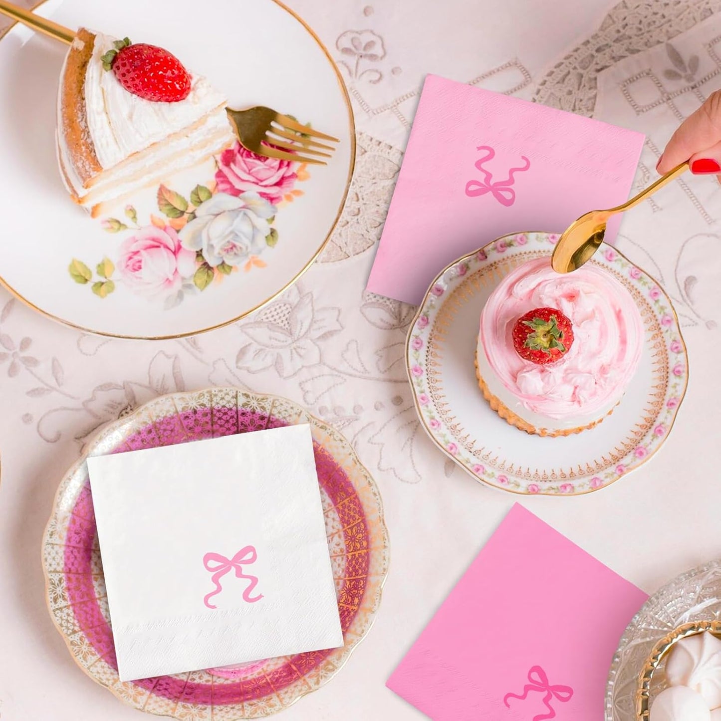 JarThenaAMCS 150 Pcs Pink Bow Paper Napkins Cute Bowknot Disposable Luncheon Napkins White Pink Dinner Hand Napkin for Wedding Birthday Party Table Supplies