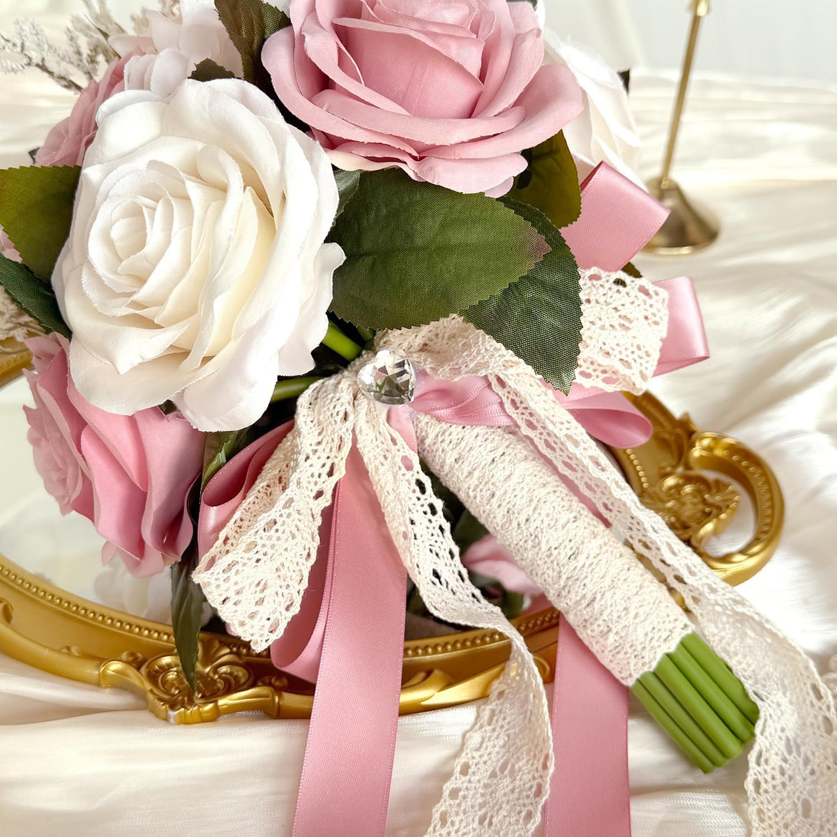 9 Inch Dusty Pink Wedding Bouquets for Bride Bridesmaid, Artificial Fake Roses Flowers Champagne Ivory Pastel Pink Bridal Bouquet Spring Fall Boho Rustic Wedding Decoration Toss Bouquet Prom