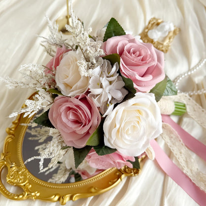9 Inch Dusty Pink Wedding Bouquets for Bride Bridesmaid, Artificial Fake Roses Flowers Champagne Ivory Pastel Pink Bridal Bouquet Spring Fall Boho Rustic Wedding Decoration Toss Bouquet Prom