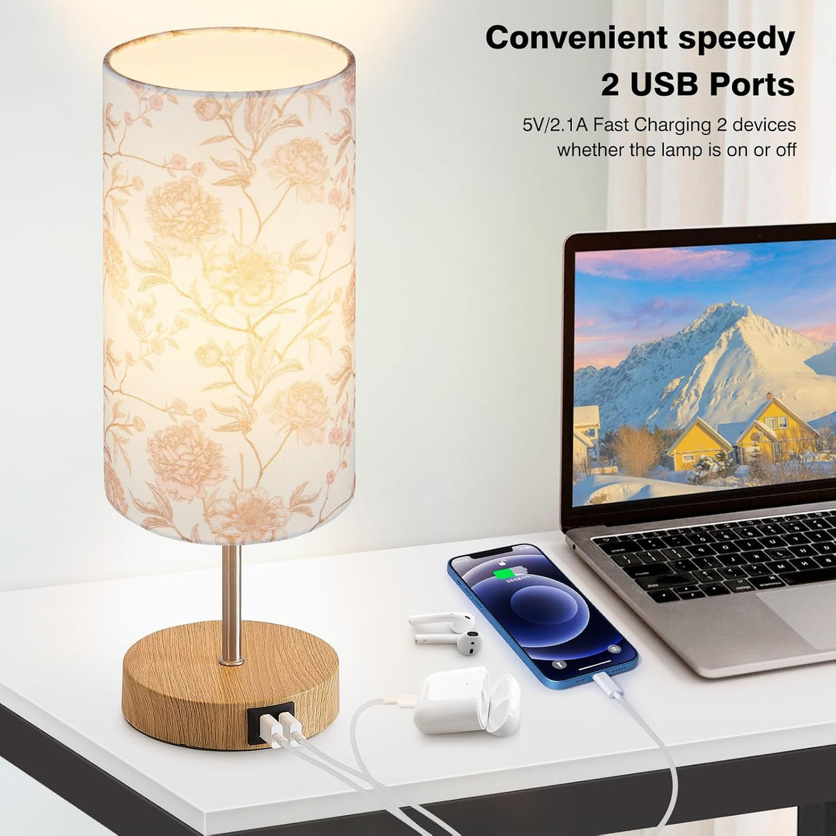 Bedside Touch Lamp, Wood Small Table lamp with 2 USB Charging Ports & Flower Fabric Shade, 3-Way Dimmable Nightstand Lamps for Living Room Bedroom Office Reading Desk Home Dorm Pink