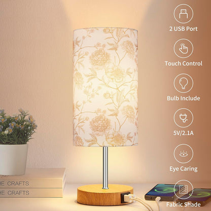 Bedside Touch Lamp, Wood Small Table lamp with 2 USB Charging Ports & Flower Fabric Shade, 3-Way Dimmable Nightstand Lamps for Living Room Bedroom Office Reading Desk Home Dorm Pink