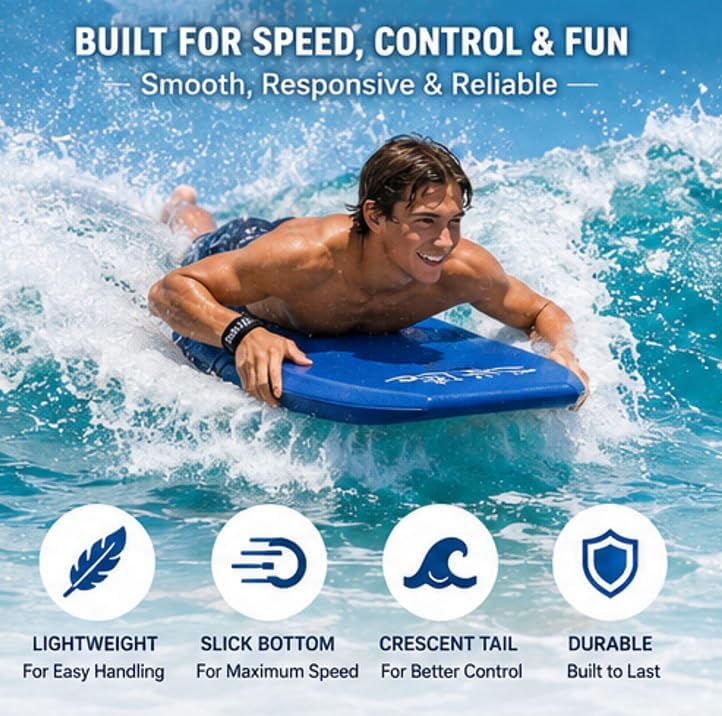 Boogie Board Bodyboard, EPS Core, HDPE Slick Bottom, Leash
