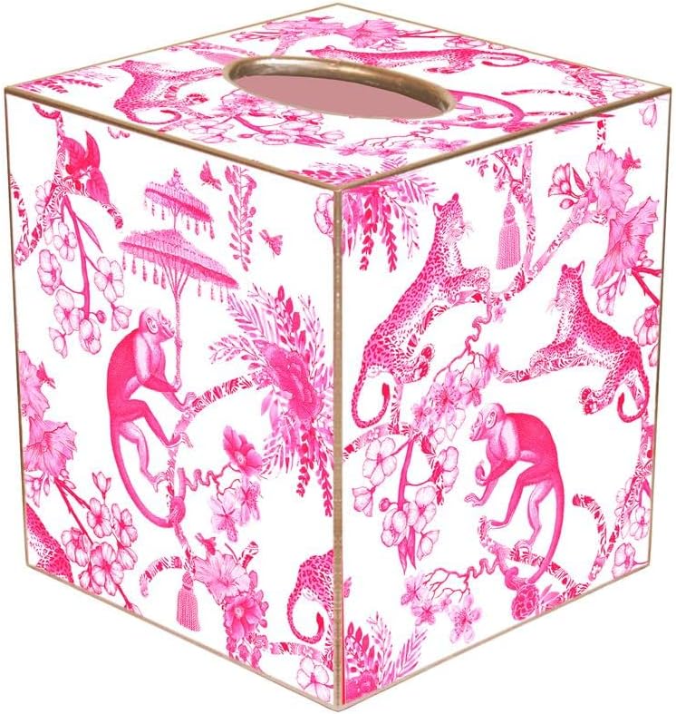 Chic Monkey Toile Pink Paper Mache Tissue Box Cover, Handmade in the USA