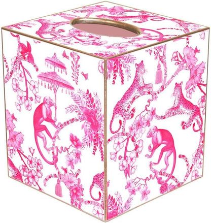 Chic Monkey Toile Pink Paper Mache Tissue Box Cover, Handmade in the USA
