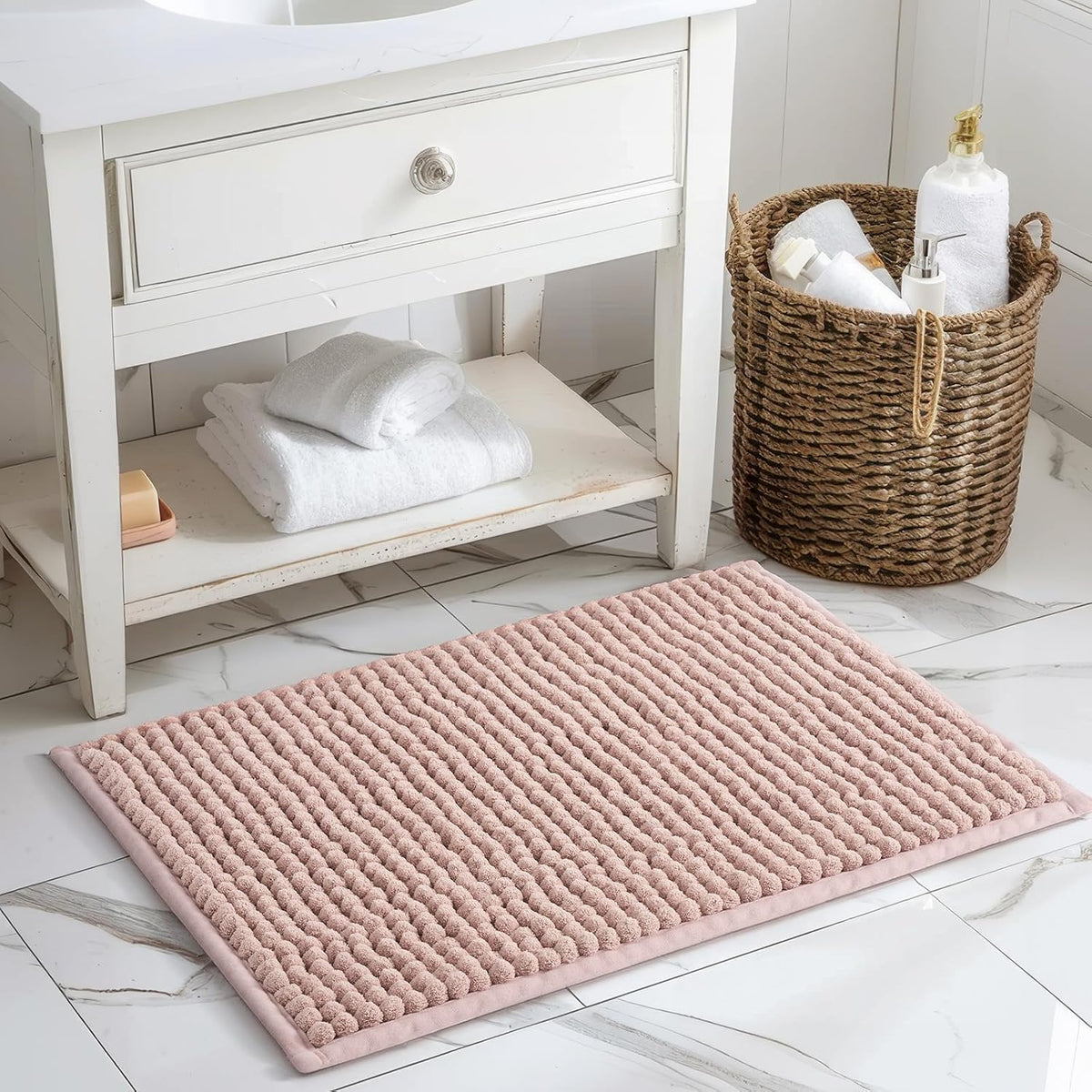 Thick Chunky Chenille Bathroom Rug, Dusty Pink, 17"x24"