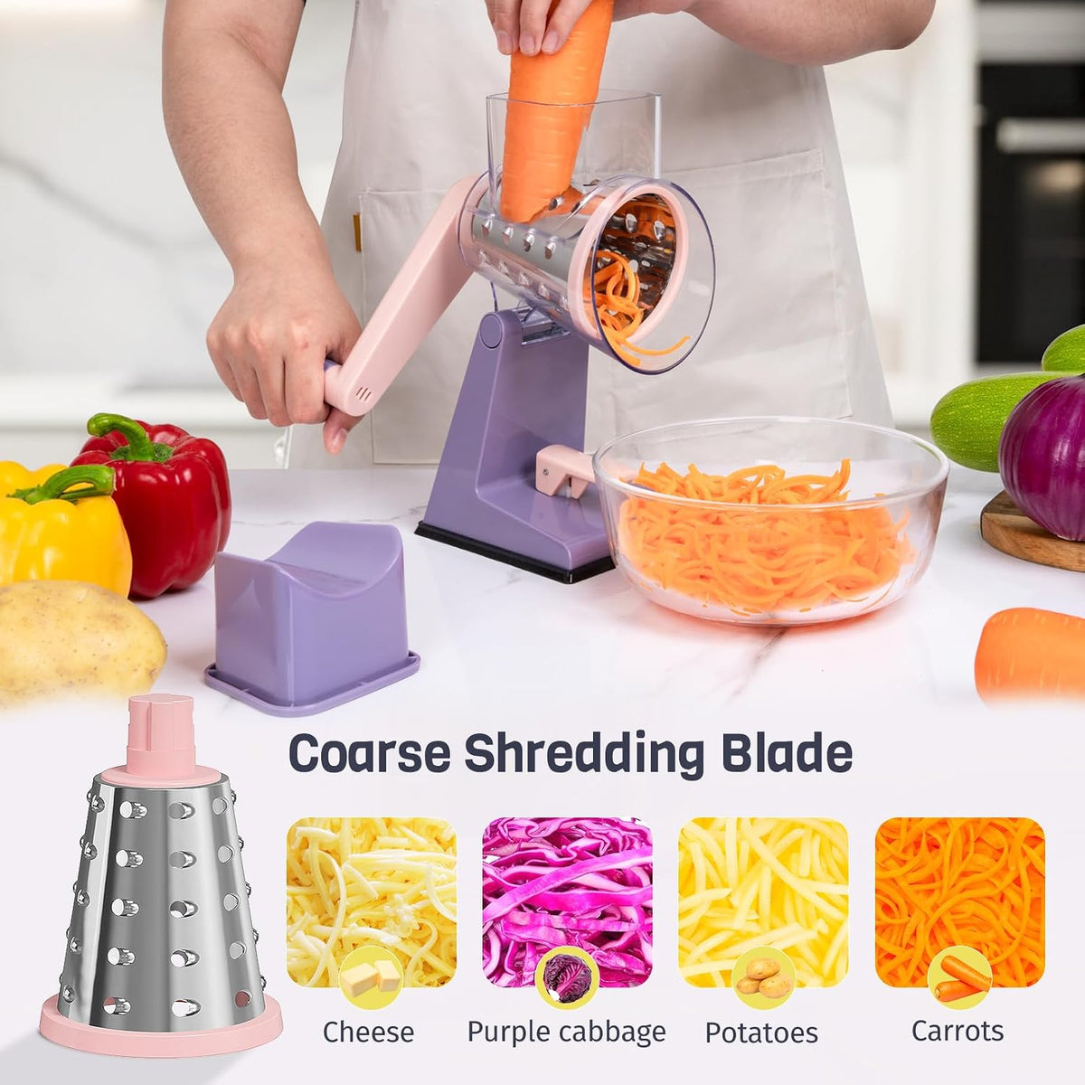 Upgraded Rotary Cheese Grater with 3 Interchangeable Stainless Steel Drums, One-Press Powerful Suction Manual Vegetable Shredder&Slicer for Kitchen, 15pcs Storage Bags Included, Pinkish Purple