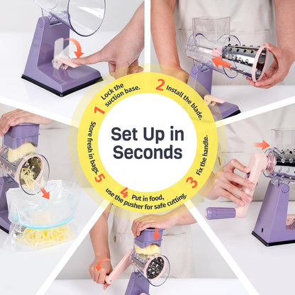 Upgraded Rotary Cheese Grater with 3 Interchangeable Stainless Steel Drums, One-Press Powerful Suction Manual Vegetable Shredder&Slicer for Kitchen, 15pcs Storage Bags Included, Pinkish Purple