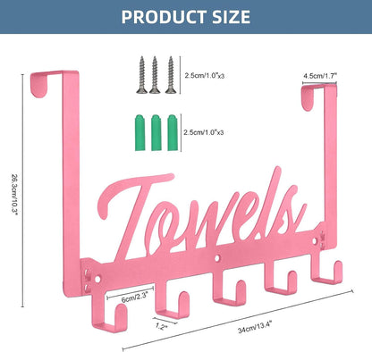 Over The Door Hooks, Towel Rack for Bathroom Towel Holder for Hanging Heavy Duty, Over Door Hanger with 5 Coat Hooks for Bedroom Bathroom Kitchen Towels, Pink
