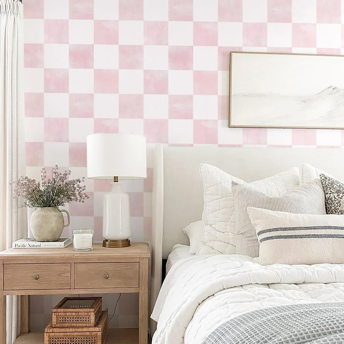Modern Peel and Stick Wallpaper Pink Mosaic Checkered Contact Paper Removale Self-Adhesive Stick on Wallpaper for Bedroom Bathroom Shlef Cabinet Décor 17.3in x 6.56ft