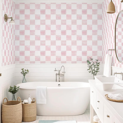 Modern Peel and Stick Wallpaper Pink Mosaic Checkered Contact Paper Removale Self-Adhesive Stick on Wallpaper for Bedroom Bathroom Shlef Cabinet Décor 17.3in x 6.56ft