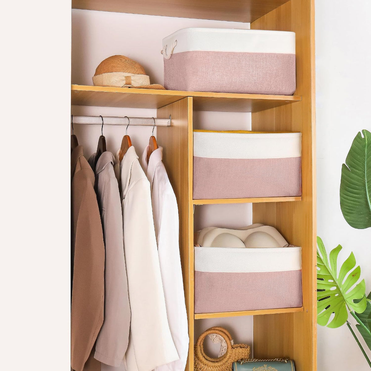 Storage Bins with Sturdy Cotton Handles(1 Pack), Fabric Storage Baskets for Organizing use for Office & Home, Book, Clothes, Toys, Closet Boxes (Small, Pink-White, 12.2x8.3x6.3 inches)