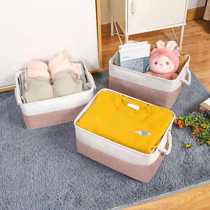 Storage Bins with Sturdy Cotton Handles(1 Pack), Fabric Storage Baskets for Organizing use for Office & Home, Book, Clothes, Toys, Closet Boxes (Small, Pink-White, 12.2x8.3x6.3 inches)