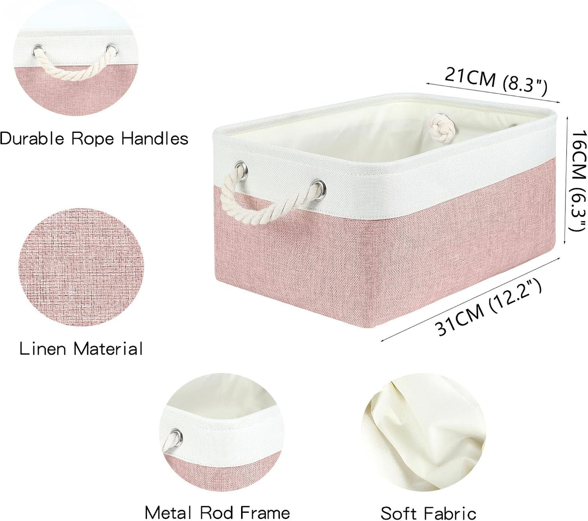 Storage Bins with Sturdy Cotton Handles(1 Pack), Fabric Storage Baskets for Organizing use for Office & Home, Book, Clothes, Toys, Closet Boxes (Small, Pink-White, 12.2x8.3x6.3 inches)