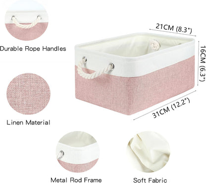 Storage Bins with Sturdy Cotton Handles(1 Pack), Fabric Storage Baskets for Organizing use for Office & Home, Book, Clothes, Toys, Closet Boxes (Small, Pink-White, 12.2x8.3x6.3 inches)