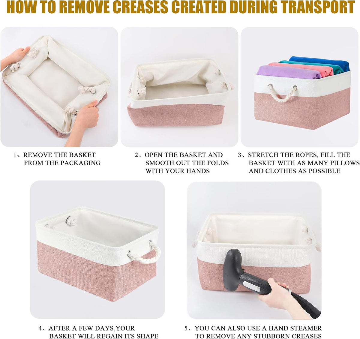 Storage Bins with Sturdy Cotton Handles(1 Pack), Fabric Storage Baskets for Organizing use for Office & Home, Book, Clothes, Toys, Closet Boxes (Small, Pink-White, 12.2x8.3x6.3 inches)